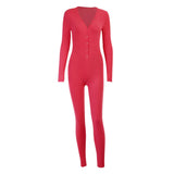 hirigin V-neck Button Sexy Rompers Woman Long Sleeve Slim Bodycon Casual Sporty Jumpsuit Autumn Letter Embroidery