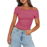 Solid color strapless wrap regular casual short sleeve backless shrunken Tee multicolor high quality pullover t-shirt-Outfit