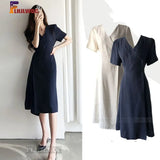 South Korea chic Midi Dress Women Summer Japan Style Retro Vintage Design Solid Button Shirt Dress Cotton Linen Flhjlwoc
