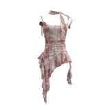 Real Shooting Retro Tie-Dye-Print Mesh Sling Sling Sling Vest Irregular Lotus Leaf Edge Ribbon Sleeveless Top