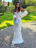 Satin Printed Women's Chain Sling Maxi Dress Sexy V-necked Off Back Sleveless Vestidos 2023 Summer Lady Party Chic Robes-Outfit