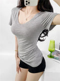 Trend Women's Wear Pure Wind Summer Drooping Feeling Shoulder Waist V-Collar Short Sleeves Thin T-Shirt Plain Color Simple Blouse-Outfit