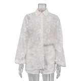 Woherb Suit 2024 Spring Autumn New Fashion Cotton Embroidered See-Through Shirt High Waist Shorts-Outfit