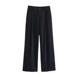 Women Fashion Side Pockets Front Darts Straight Pants Vintage High Waist Zipper Fly Female Trousers Mujer-Outfit