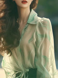 Elegant Exquisite Beauty Green Collar Long-Sleeved Shirt Women Spring And Autumn Yangqi Small Sun Protection