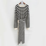 Korean Tunic Women Maxi Dress Spring High Waist Lace Up Fashion Long Sleeve Striped Streetwear O Neck Female Party