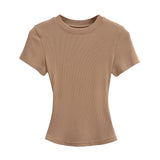 Trend Women's Wear Thread Slim Short-Sleeved T-Shirt Sexy Round Collar Solid Color Shoulder Show Thin Short Navel Blouse-Outfit