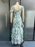 Floral Printed Ruffles A-line Skims Dress For Women Sexy V-neck Spaghetti Strap Robe 2023 Summer Casual Beach Sundress-Outfit