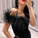 Women Sexy Feather Corset Crop Top Push Up Bustier Boned Top Spaghetti Strap Slim Bodycon Cami Top Party