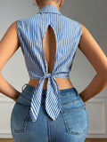 2025 Women's Shirt Behind The Hollow Strap Striped Buttonless Sleeveless