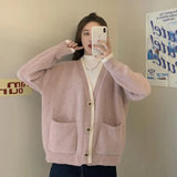 Cardigan Korean Style Fashion V-neck Loose Streetwear Knitted Sweaters Pink Single Breasted Kawaii Teens Elegant