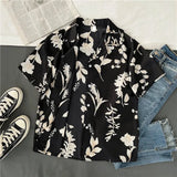 Women Turn Down Collar Short Sleeve Blouse College wind Leaf Print Shirts Summer Casual Office Button Vintage Shirt Tops-Outfit