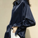 Fashion Button Up Satin Silk Shirt Vintage Blouse Women White Lady Long Sleeves Female Loose Street Shirts