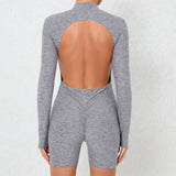 Woherb Collar Zipper Open Back Long Sleeve Onesie Dance Fitness Sports Onesie Sexy Tight Yoga Dress Woman-Outfit