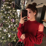 Winter New Half-Collar Mid-Length Knitted Dress Women Solid Sexy Mesh Stitching Off-Shoulder Long Sleeve Bow Dress