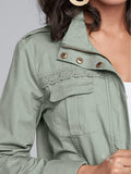 Fashion Polo Collar Solid Color Lace Jacket Top Pocket Button Drawstring Long Sleeve Women's Coat Spring Summer-Outfit