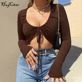 2020 Long Sleeve Wrapped Bandage Sexy Crop Top Autumn Winter Women Fashion Streetwear Outfits Tshirts Club