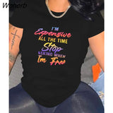 Women T-shirts Letter Print Short Sleeve O-neck Stretchy T Shirt Tops Female Fashion Streetwear Casual Tees Tops Summer-Outfit