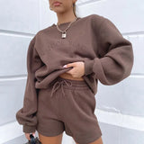 Print Women 2 Piece Set Long Sleeve Sweatshirt Sweatshorts Loose Casual Tracksuit Loungewear 2021 Autumn