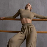 Wide Leg Pant Women Two Piece Set Long Sleeve Solid Autumn Casual Outfit Matching Set Casual Homewear 2021 Crop Top