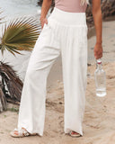 Summer 2022 Cotton Linen Style Women Loose Long Trousers Leisure Solid Color High Waist Ruched Beach Wide Leg Pants with