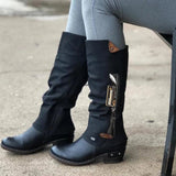 Women Knee High Boots Vintage PU Leather Round Toe Western Cowboy Long Boots Female Low Heel Side Zipper Work Snow