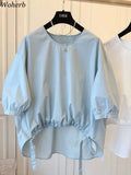Puff Sleeve Doll Shirt Korean Solid Causal Asymmetrical Pleated Blouse Drawstring Women Oversize Loose Top Blusas Mujer 703-0-Outfit