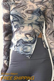 Graphic Print Green Mesh Sheer T-shirt Long Flare Sleeve Slim Crop Tops Sexy See Trough Women Tops Y2K Vintage Grunge-Outfit