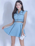 2 Pieces Outfits Women Clothing Temperament Retro Crop Tops Shirt Blouse High Waist Mini Skirt Lady Mujer Slim Short Sets-Outfit