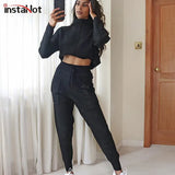 Women Two Piece Tracksuit Set Turtleneck Crop Sweatshirt and Patchwork Sweatpant Homewear Leisure Solid Casual