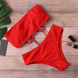 Solid Color Bikini Set 2021 Summer Sexy Strapless Lace Up Two Peice Swimsuit Female High Waist Padded Bathing Suit