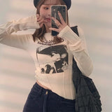 Fairy Grunge T Shirt Women Velvet Underground Print Tight Irregular Crop Top Dark Academia Gothic Clothes Emo