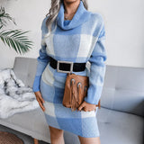 Autumn And Winter Casual Lattice Turtleneck Sweater Dress Knitted Dress Women's
