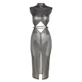 Puss Hollow Double Layer Dress Women Solid Bling Waistless Turtleneck Split Sexy Bodycon Stretch Skinny Midnight