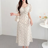 Woherb Chic Summer Retro Elegant V-Neck Hollow Back Strap Design Waist Show Thin Short-Sleeved Floral Dress-Outfit