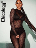 Mesh Long Sleeve Slim Sexy See Through 2 Pieces Pants Set Party Club Fashion Y2K Women Clothes For Business Wholesale-Outfit