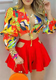 Sweet V-neck Puff Sleeve Crop Plaid Print Hollow Out Loose Two Piece Shorts