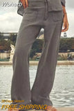 2023 Women Summer Casual Solid Straight Pants Linen Pockets Button Female Fashion Street Elegant Trousers Clothing-Outfit