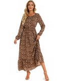 Autumn New Bohemian Floral Print Long Sleeve Waist Dress Women O Neck Loose Casual Beach Vestidos Holiday Robe Dresses-Outfit