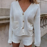 Knitted Two Piece Sets Women Fashion Long Sleeve V Neck Sweater And High Waist Shorts Suits Casual Pocket Ladies