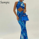Y2K Tie Dye Blue Sexy Women Backless O Neck Long Bodycon Summer Party Dress Ruched Sleeveless Casual Hollow Out
