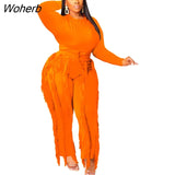 Elegant Women's Set Long Sleeve T-shirt and Tassel Pants Suit Autumn Winter Active Tracksuit Two 2 Piece Set Outfits-Outfit