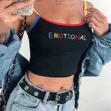Summer Women Crop Top Cropped Ladies Spaghetti Strap Elastic Camisole Sexy EMOTIONAL Letter Embroidery Tank