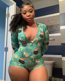 hirigin Hot Sale Women Sexy Stretchy Pajamas Long Sleeve V-Neck Pineapple Star Heart Printed Bodycon Summer Lady Jumpsuit
