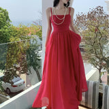 / Summer 2023 New Pure Color Pleated New Chinese Style Atmosphere Temperament Elegant Waist Sling Skirt-Outfit