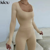 Kliou Solid Concise Two Piece Set Women Skinny Bodycon-shaping Crew Neck Bodysuit+High Waist Slim Sporty Leggings