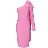 Quality Blue Orange Runway Bownot One Shoulder Long Sleeve Rayon Bandage Dress Cocktail Party Bodycon Dress
