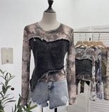 Solid Shooting Tie-Dye Print Spliced Denim T-Shirt Girl Autumn Design Sense Irregular Hair Side Short-Sleeved Top