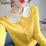 Winter Lace Patchwork Doll Collar Sweet Knitting Cardigan Lady Elegant Fashion All-match Buttons Sweater Top Women Coat-Outfit