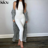 Kliou new jumpsuit women elastic hight casual fitness sporty rompers sleeveless zipper activewear skinny summer